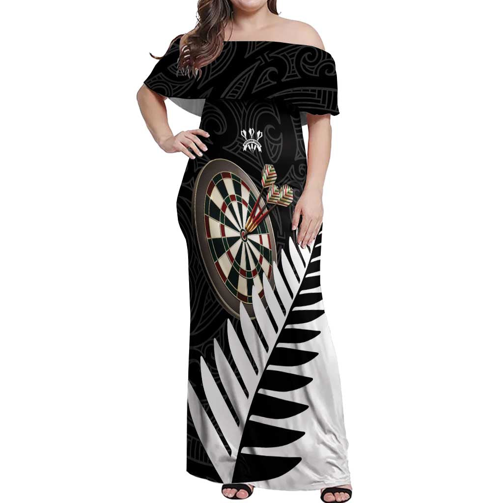 Personalised New Zealand Darts Off Shoulder Maxi Dress Silver Fern Aotearoa Maori Pattern - Aussie Hoodie