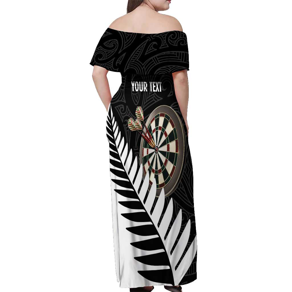 Personalised New Zealand Darts Off Shoulder Maxi Dress Silver Fern Aotearoa Maori Pattern - Aussie Hoodie