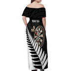 Personalised New Zealand Darts Off Shoulder Maxi Dress Silver Fern Aotearoa Maori Pattern - Aussie Hoodie