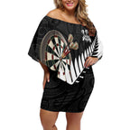 Personalised New Zealand Darts Off Shoulder Short Dress Silver Fern Aotearoa Maori Pattern - Aussie Hoodie