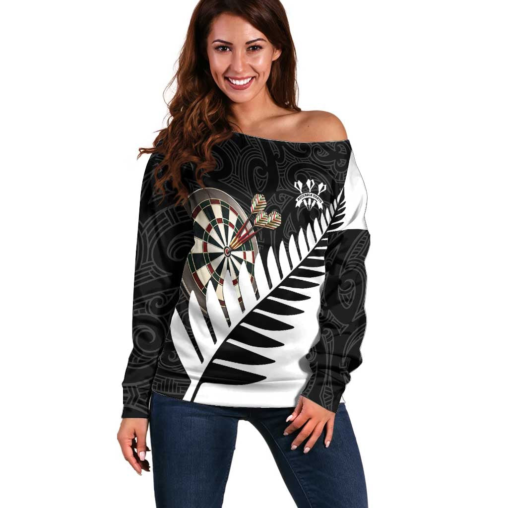 Personalised New Zealand Darts Off Shoulder Sweater Silver Fern Aotearoa Maori Pattern - Aussie Hoodie