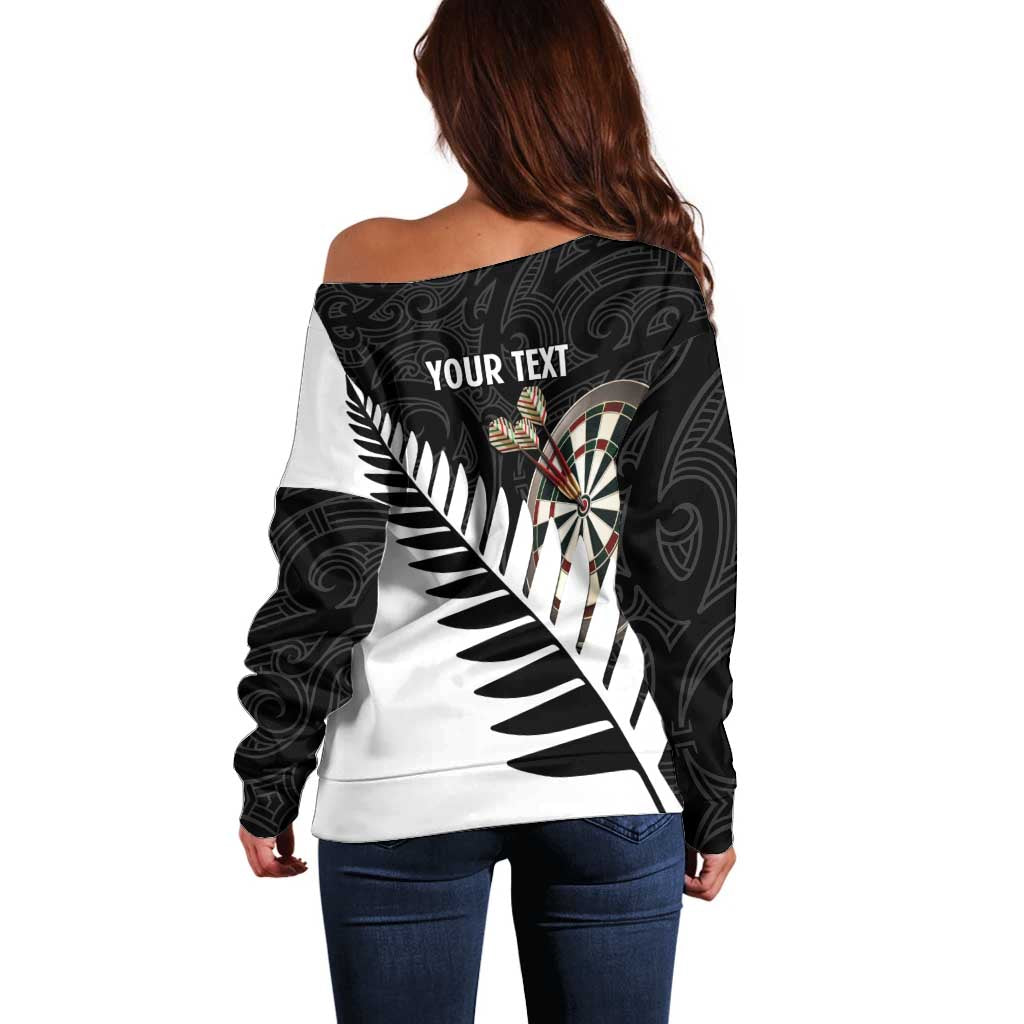 Personalised New Zealand Darts Off Shoulder Sweater Silver Fern Aotearoa Maori Pattern - Aussie Hoodie
