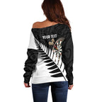 Personalised New Zealand Darts Off Shoulder Sweater Silver Fern Aotearoa Maori Pattern - Aussie Hoodie