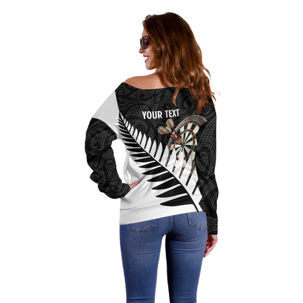 Personalised New Zealand Darts Off Shoulder Sweater Silver Fern Aotearoa Maori Pattern - Aussie Hoodie