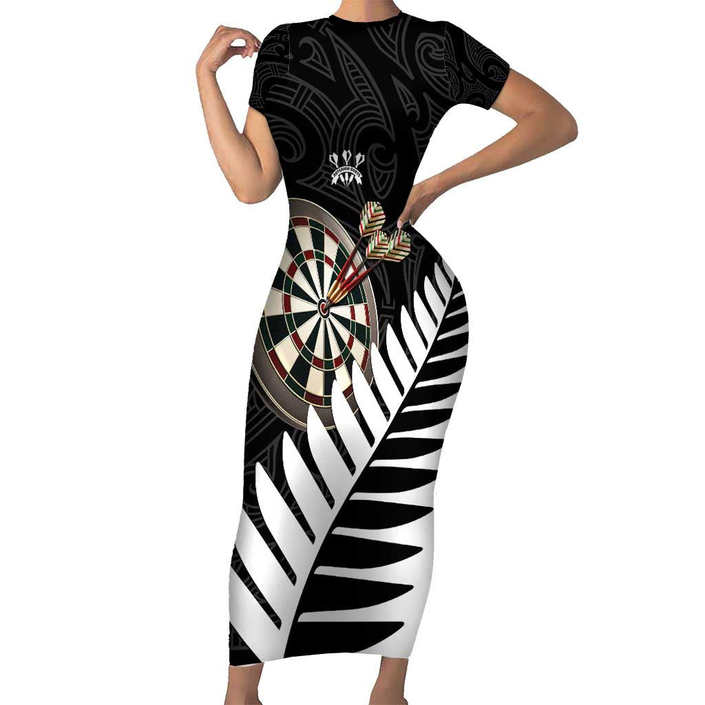 Personalised New Zealand Darts Short Sleeve Bodycon Dress Silver Fern Aotearoa Maori Pattern - Aussie Hoodie