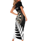 Personalised New Zealand Darts Short Sleeve Bodycon Dress Silver Fern Aotearoa Maori Pattern - Aussie Hoodie
