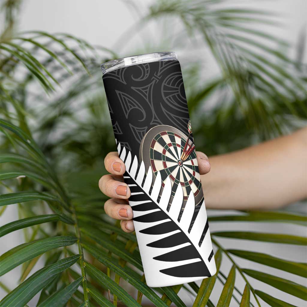 Personalised New Zealand Darts Skinny Tumbler Silver Fern Aotearoa Maori Pattern - Aussie Hoodie