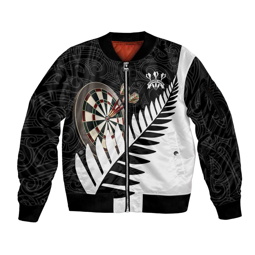 Personalised New Zealand Darts Sleeve Zip Bomber Jacket Silver Fern Aotearoa Maori Pattern - Aussie Hoodie