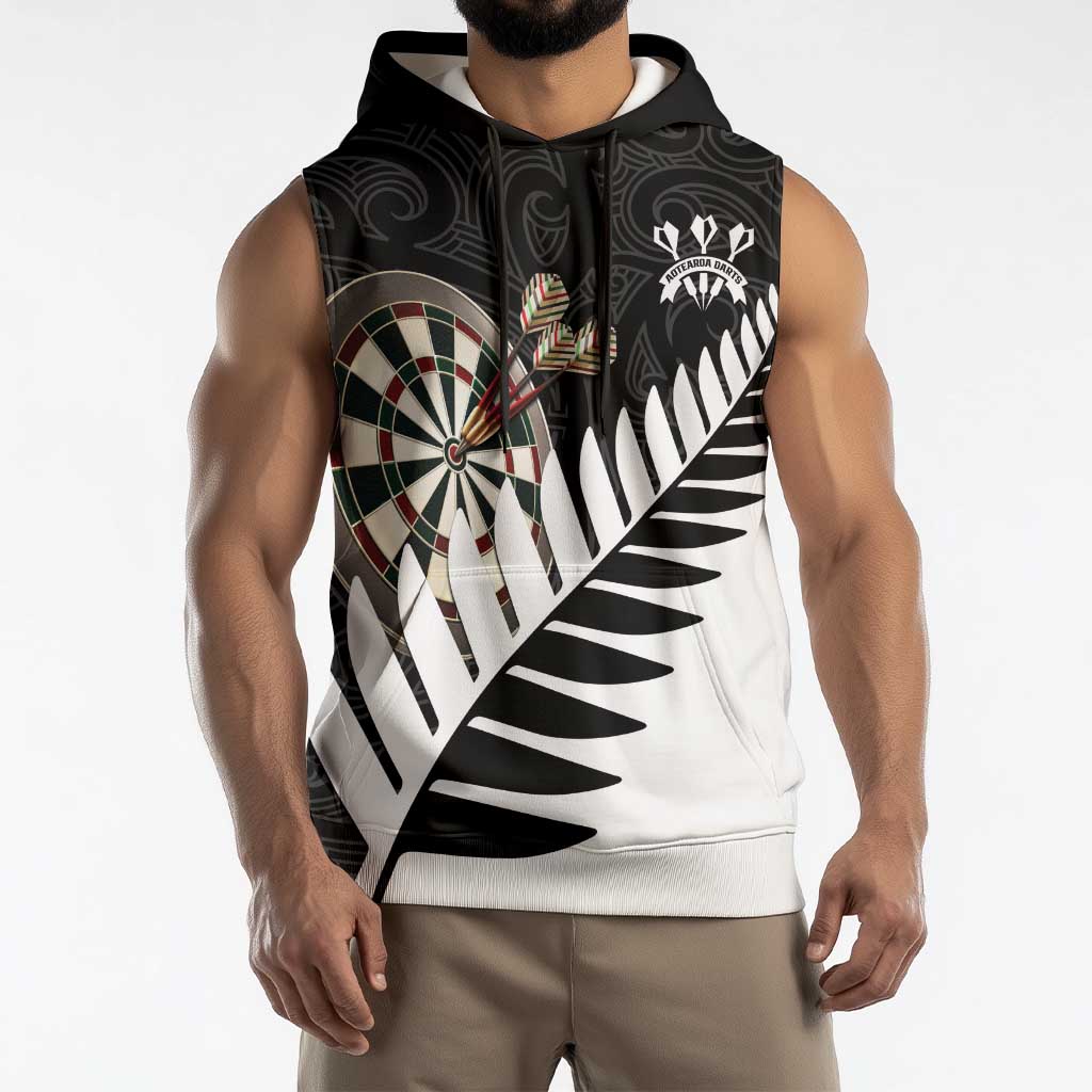 Personalised New Zealand Darts Sleeveless Hoodie Silver Fern Aotearoa Maori Pattern - Aussie Hoodie