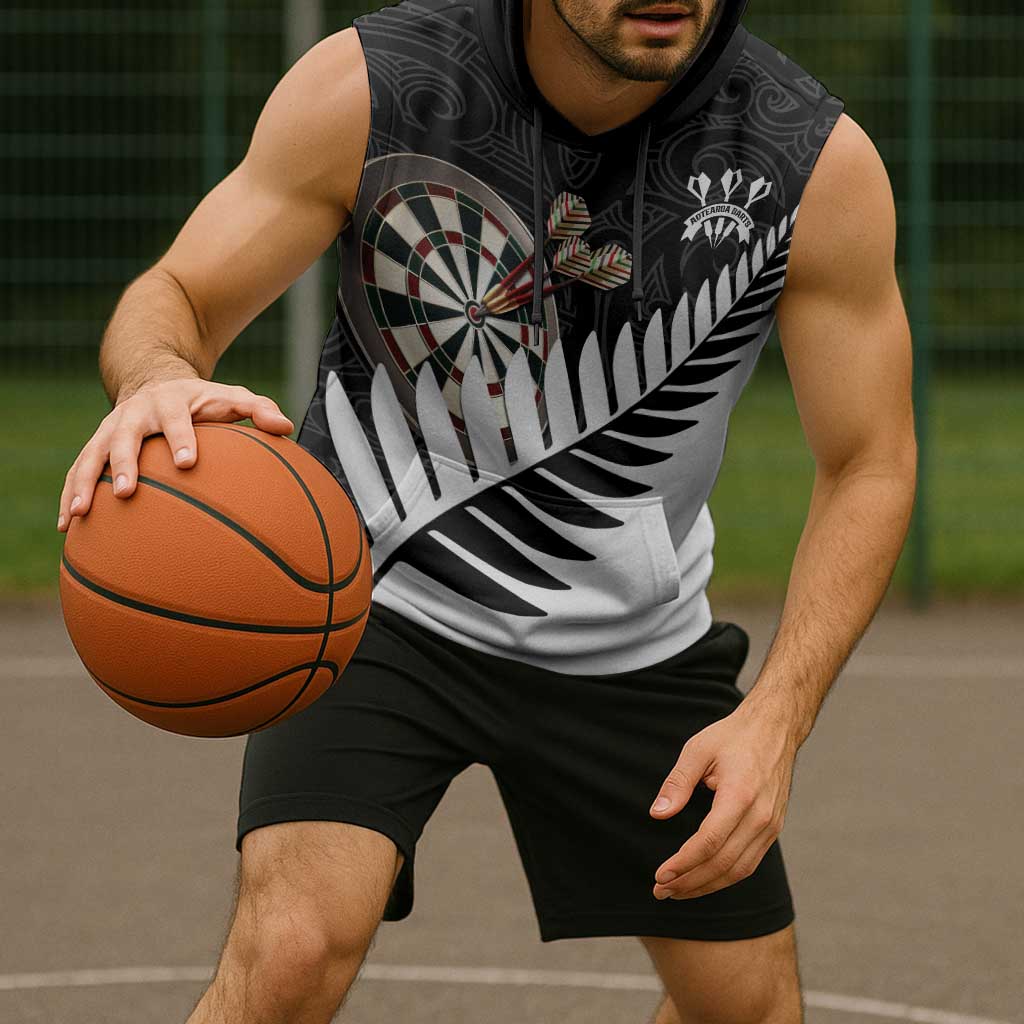Personalised New Zealand Darts Sleeveless Hoodie Silver Fern Aotearoa Maori Pattern - Aussie Hoodie