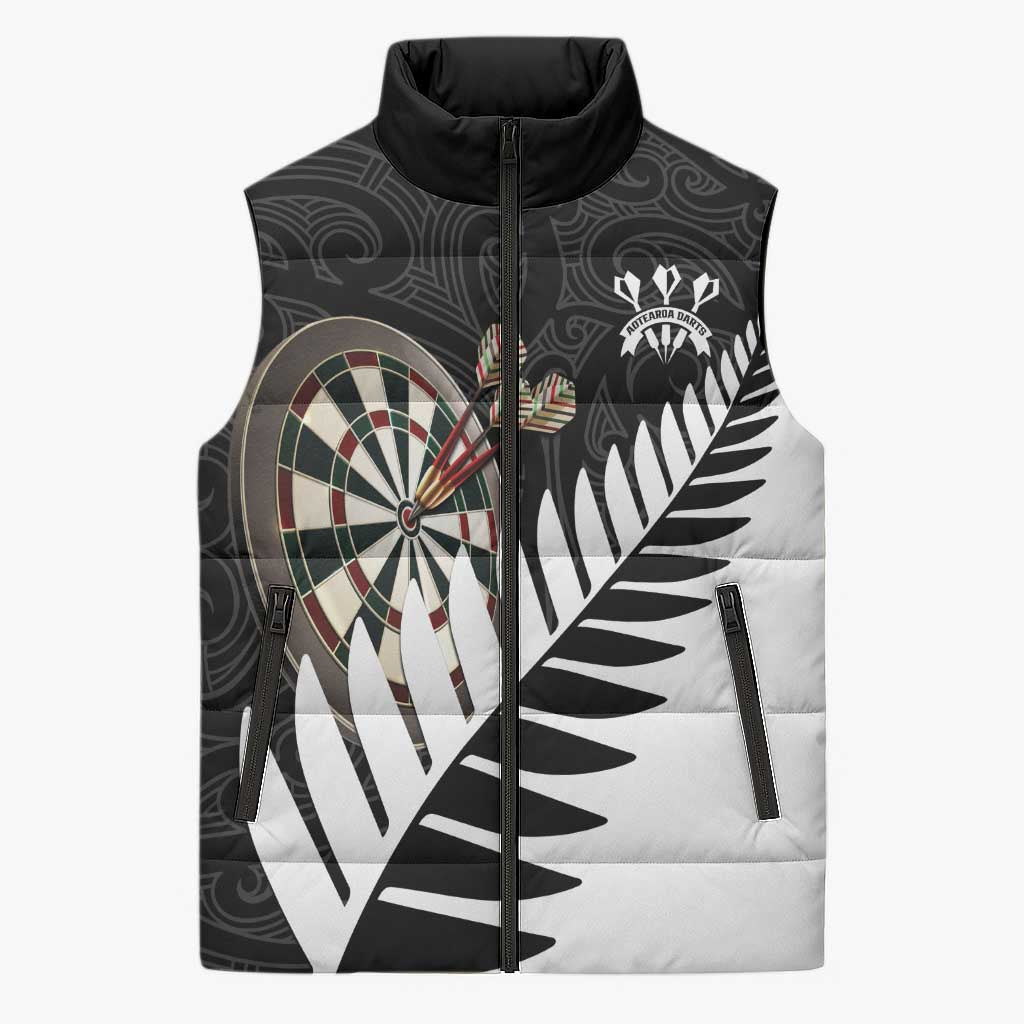 Personalised New Zealand Darts Sleeveless Puffer Jacket Silver Fern Aotearoa Maori Pattern - Aussie Hoodie