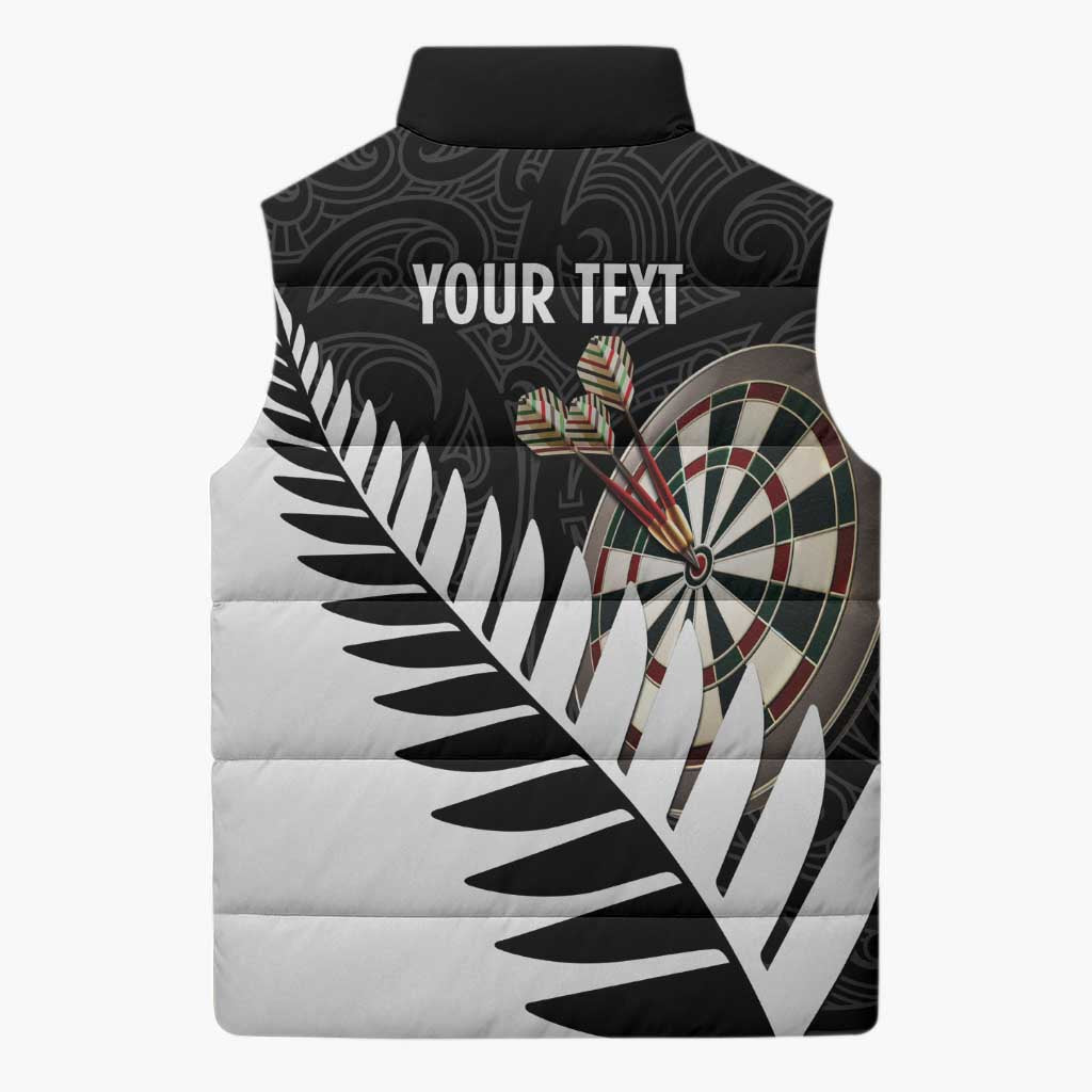 Personalised New Zealand Darts Sleeveless Puffer Jacket Silver Fern Aotearoa Maori Pattern - Aussie Hoodie