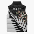 Personalised New Zealand Darts Sleeveless Puffer Jacket Silver Fern Aotearoa Maori Pattern - Aussie Hoodie