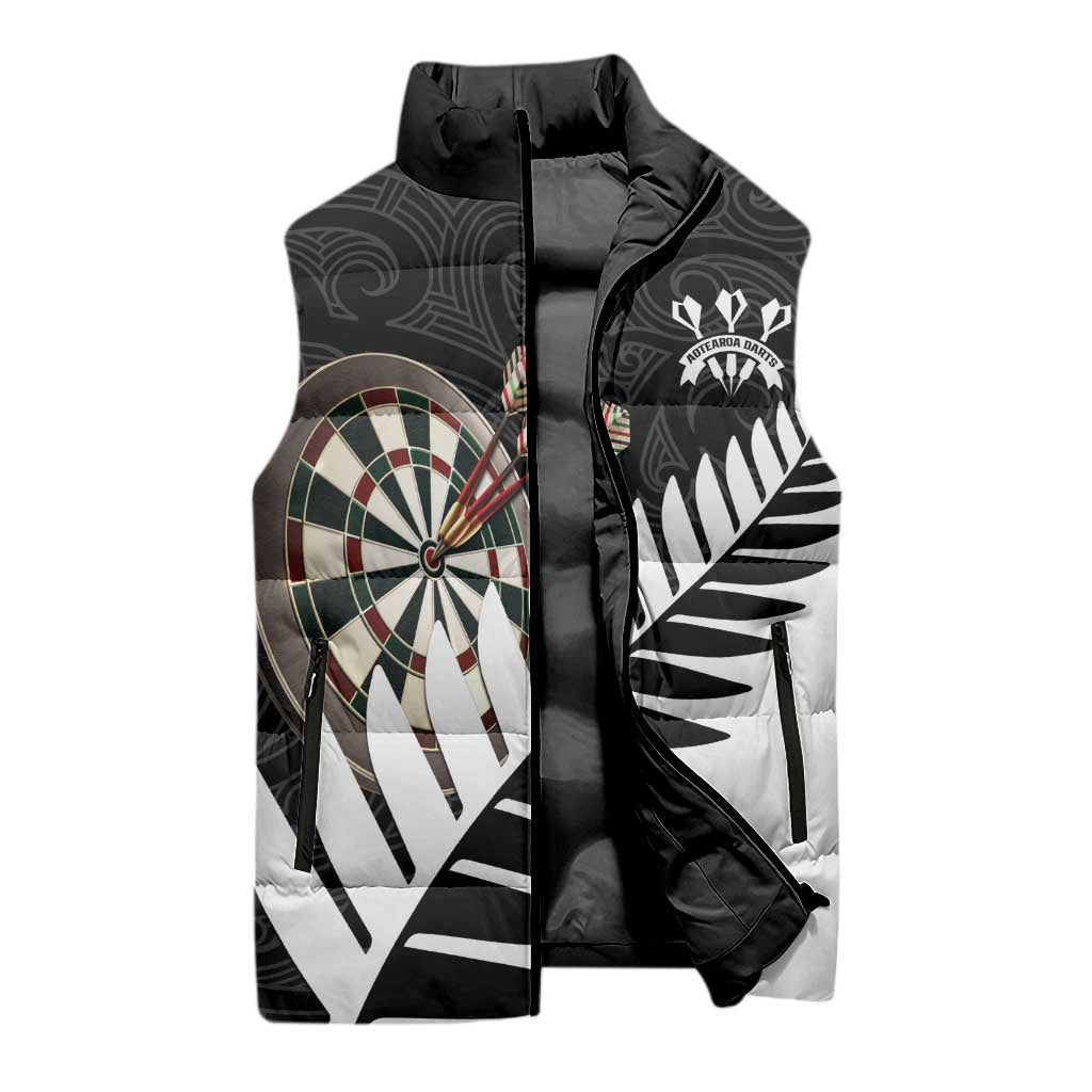 Personalised New Zealand Darts Sleeveless Puffer Jacket Silver Fern Aotearoa Maori Pattern - Aussie Hoodie