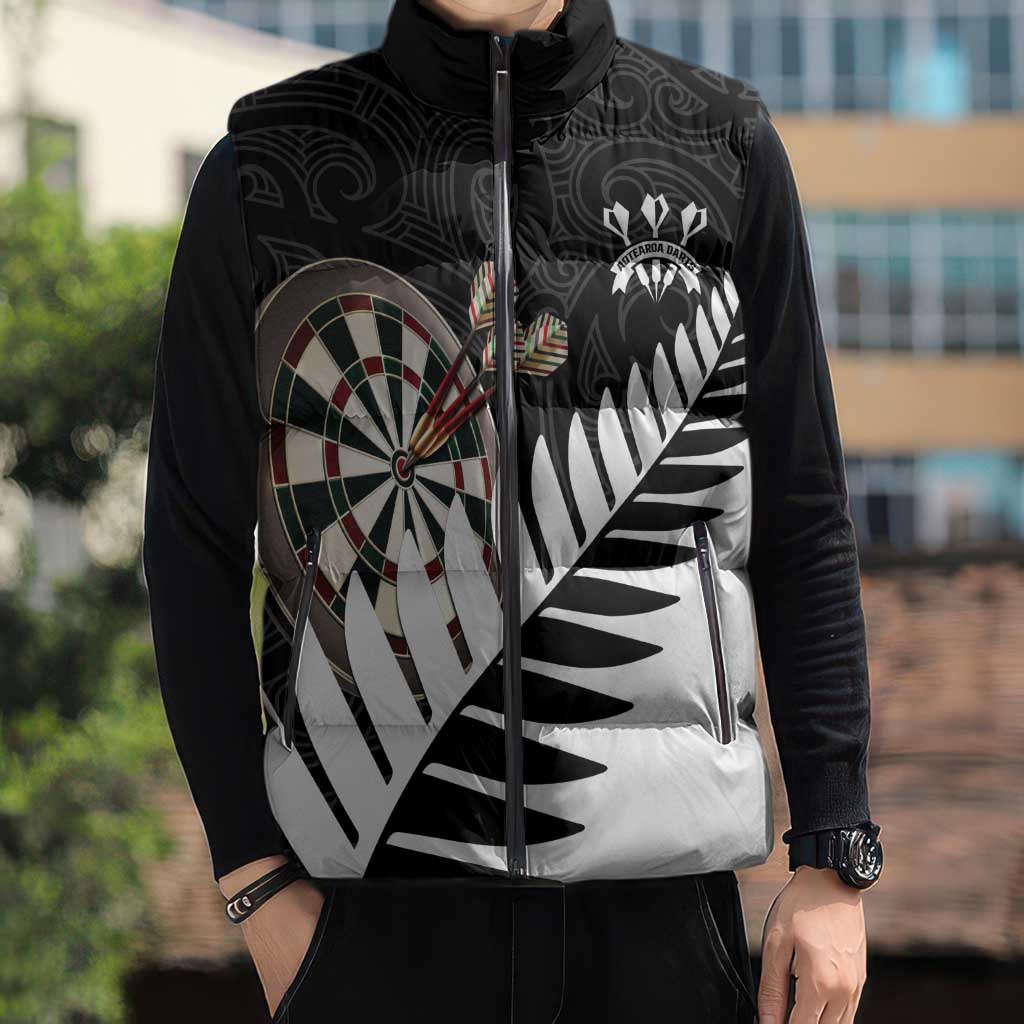Personalised New Zealand Darts Sleeveless Puffer Jacket Silver Fern Aotearoa Maori Pattern - Aussie Hoodie