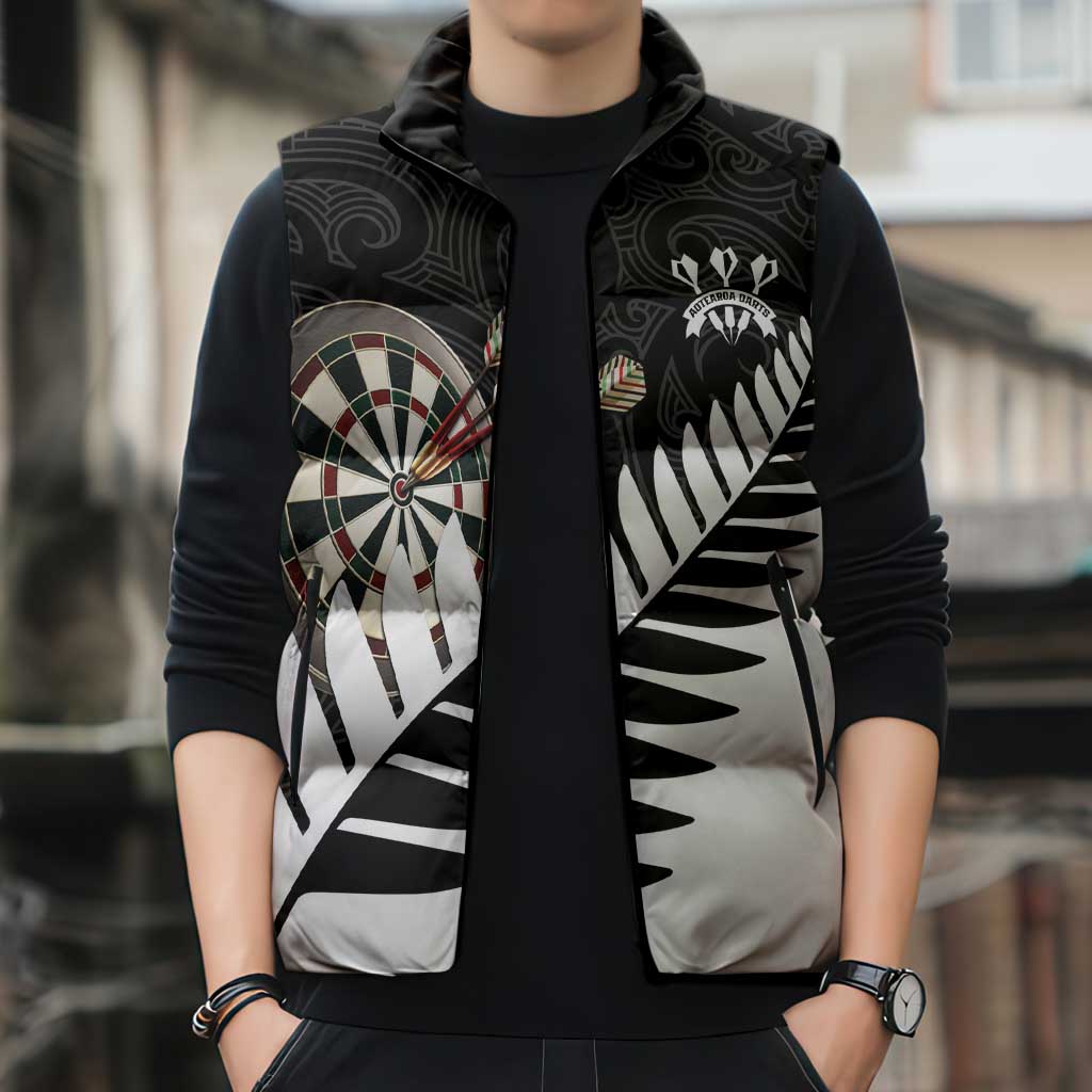 Personalised New Zealand Darts Sleeveless Puffer Jacket Silver Fern Aotearoa Maori Pattern - Aussie Hoodie