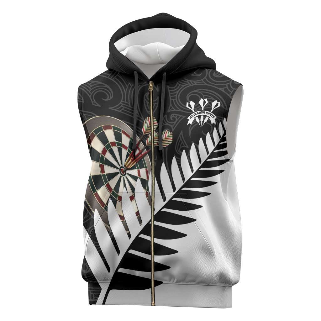 Personalised New Zealand Darts Sleeveless Zip Hoodie Silver Fern Aotearoa Maori Pattern - Aussie Hoodie