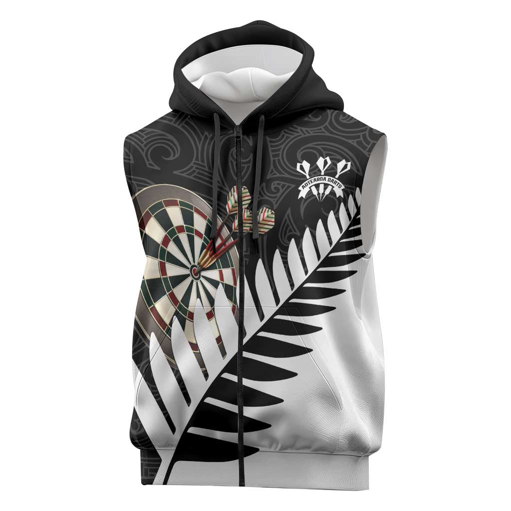 Personalised New Zealand Darts Sleeveless Zip Hoodie Silver Fern Aotearoa Maori Pattern LT14