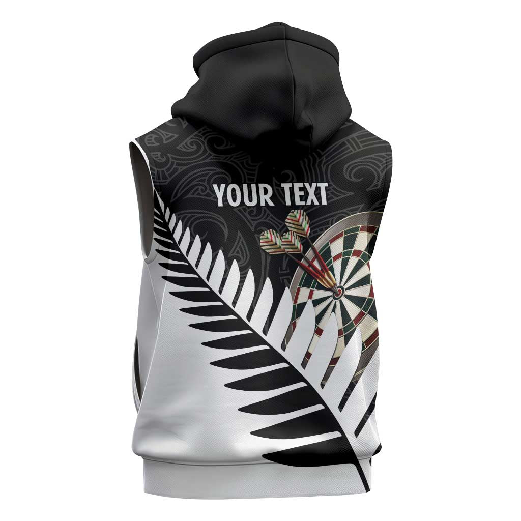 Personalised New Zealand Darts Sleeveless Zip Hoodie Silver Fern Aotearoa Maori Pattern - Aussie Hoodie