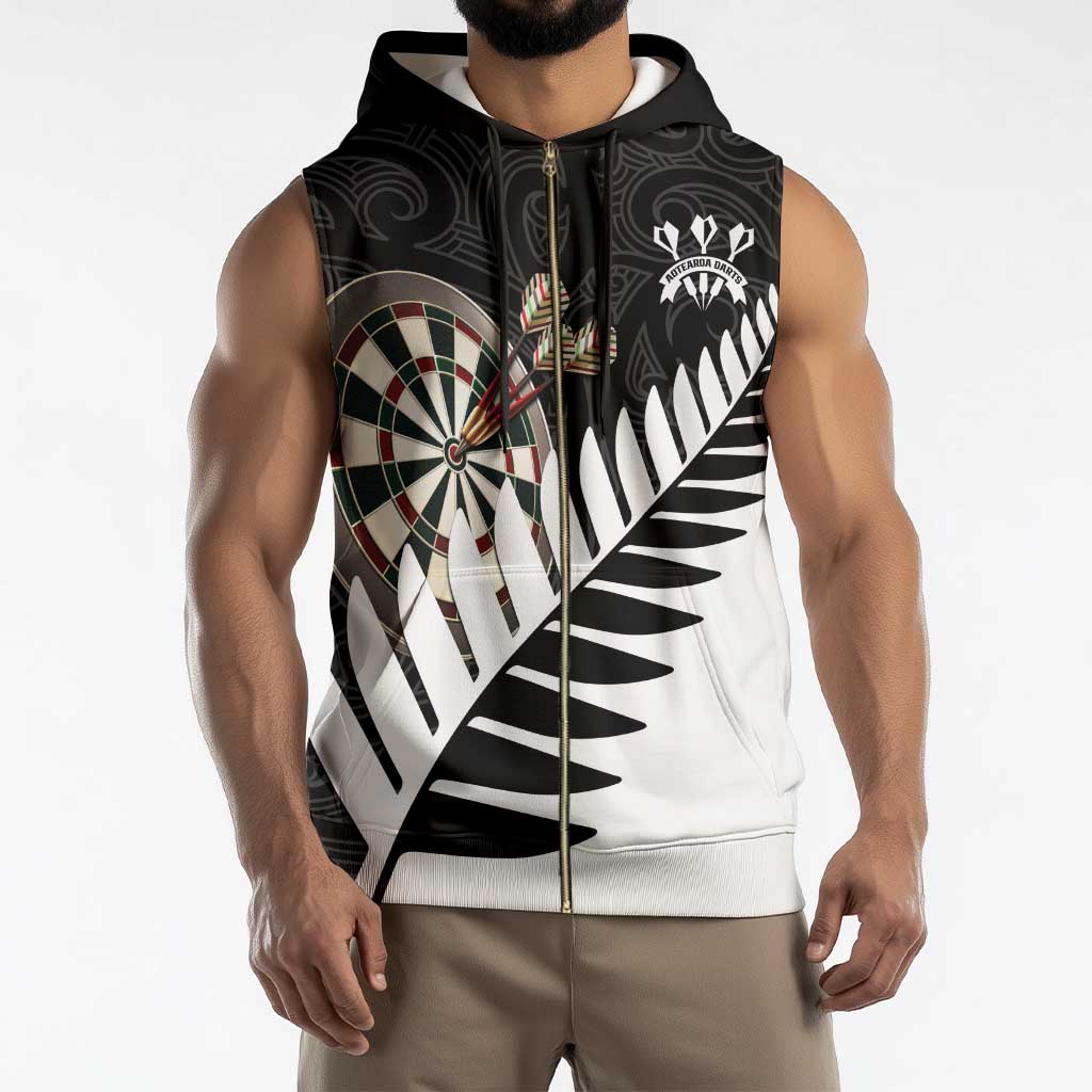 Personalised New Zealand Darts Sleeveless Zip Hoodie Silver Fern Aotearoa Maori Pattern - Aussie Hoodie