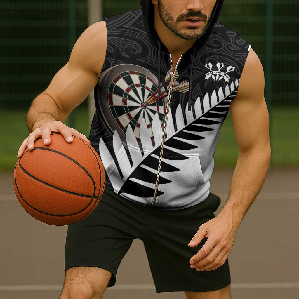 Personalised New Zealand Darts Sleeveless Zip Hoodie Silver Fern Aotearoa Maori Pattern - Aussie Hoodie
