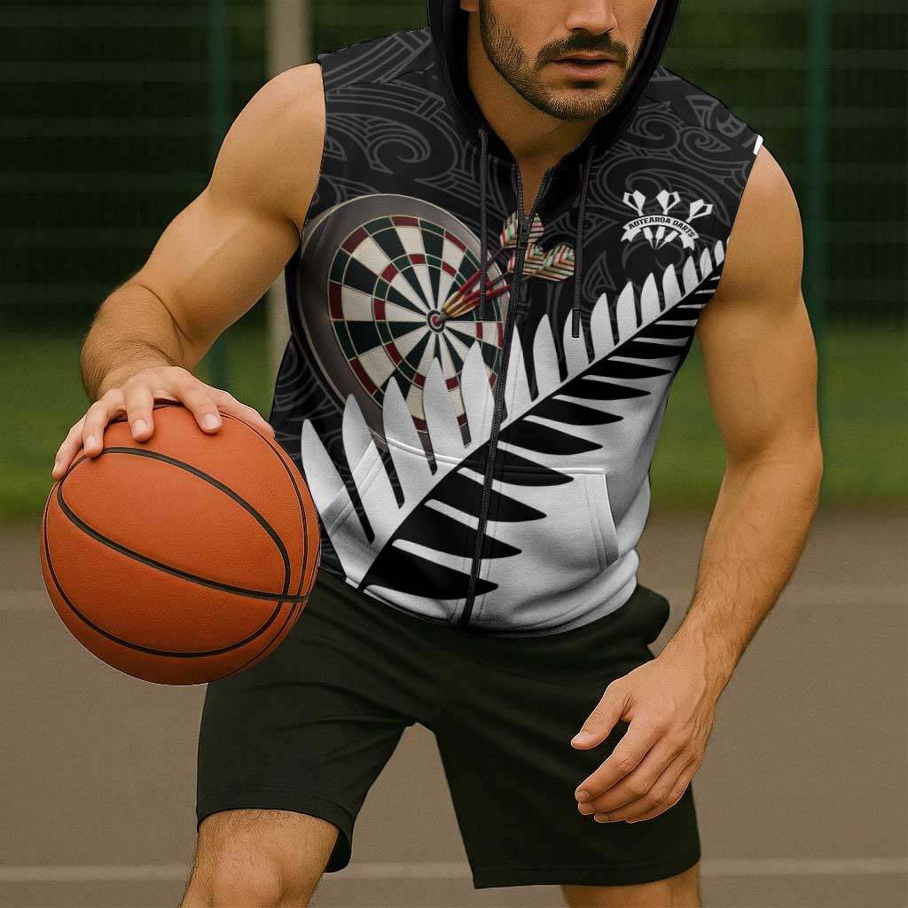 Personalised New Zealand Darts Sleeveless Zip Hoodie Silver Fern Aotearoa Maori Pattern LT14