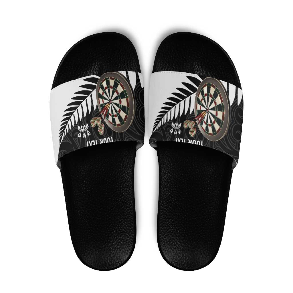Personalised New Zealand Darts Slide Sandals Silver Fern Aotearoa Maori Pattern - Aussie Hoodie