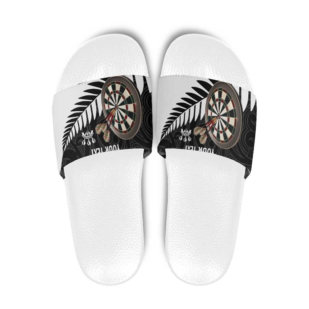 Personalised New Zealand Darts Slide Sandals Silver Fern Aotearoa Maori Pattern - Aussie Hoodie