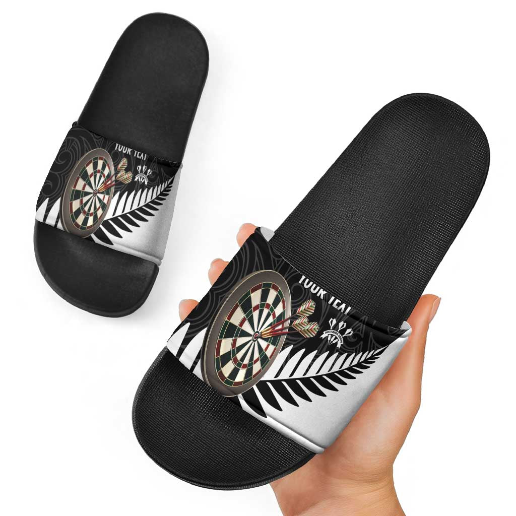 Personalised New Zealand Darts Slide Sandals Silver Fern Aotearoa Maori Pattern - Aussie Hoodie
