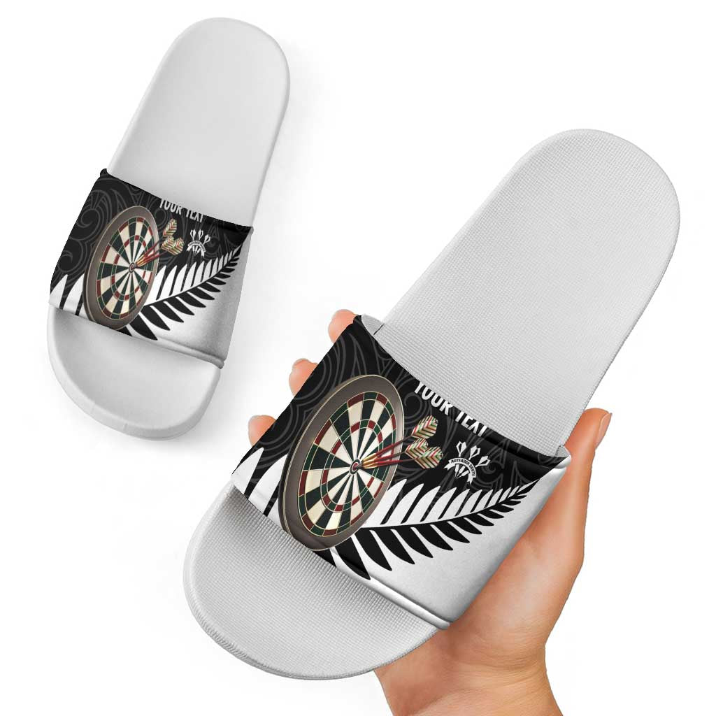 Personalised New Zealand Darts Slide Sandals Silver Fern Aotearoa Maori Pattern - Aussie Hoodie