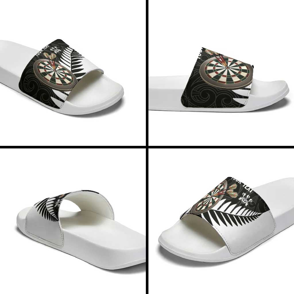 Personalised New Zealand Darts Slide Sandals Silver Fern Aotearoa Maori Pattern - Aussie Hoodie