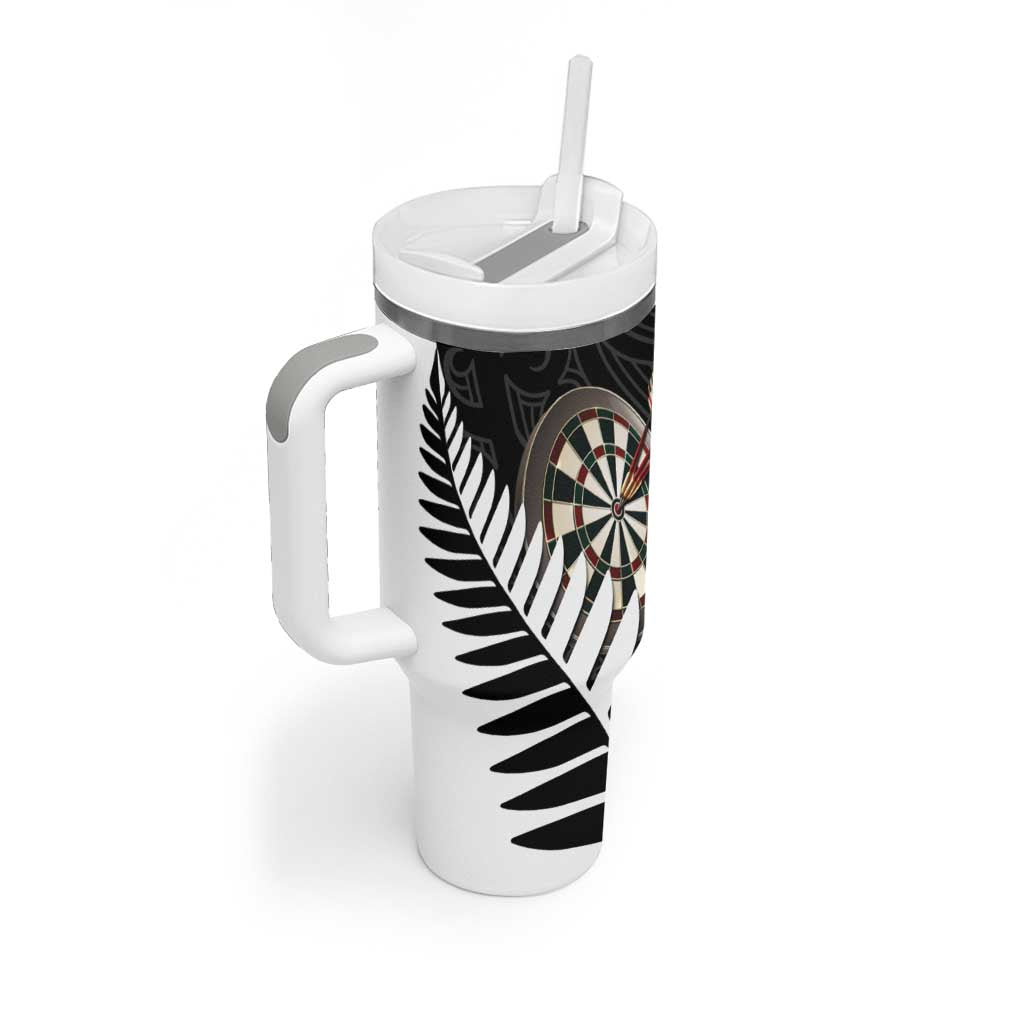 Personalised New Zealand Darts Tumbler With Handle Silver Fern Aotearoa Maori Pattern - Aussie Hoodie