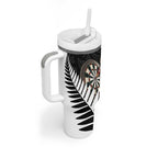 Personalised New Zealand Darts Tumbler With Handle Silver Fern Aotearoa Maori Pattern - Aussie Hoodie