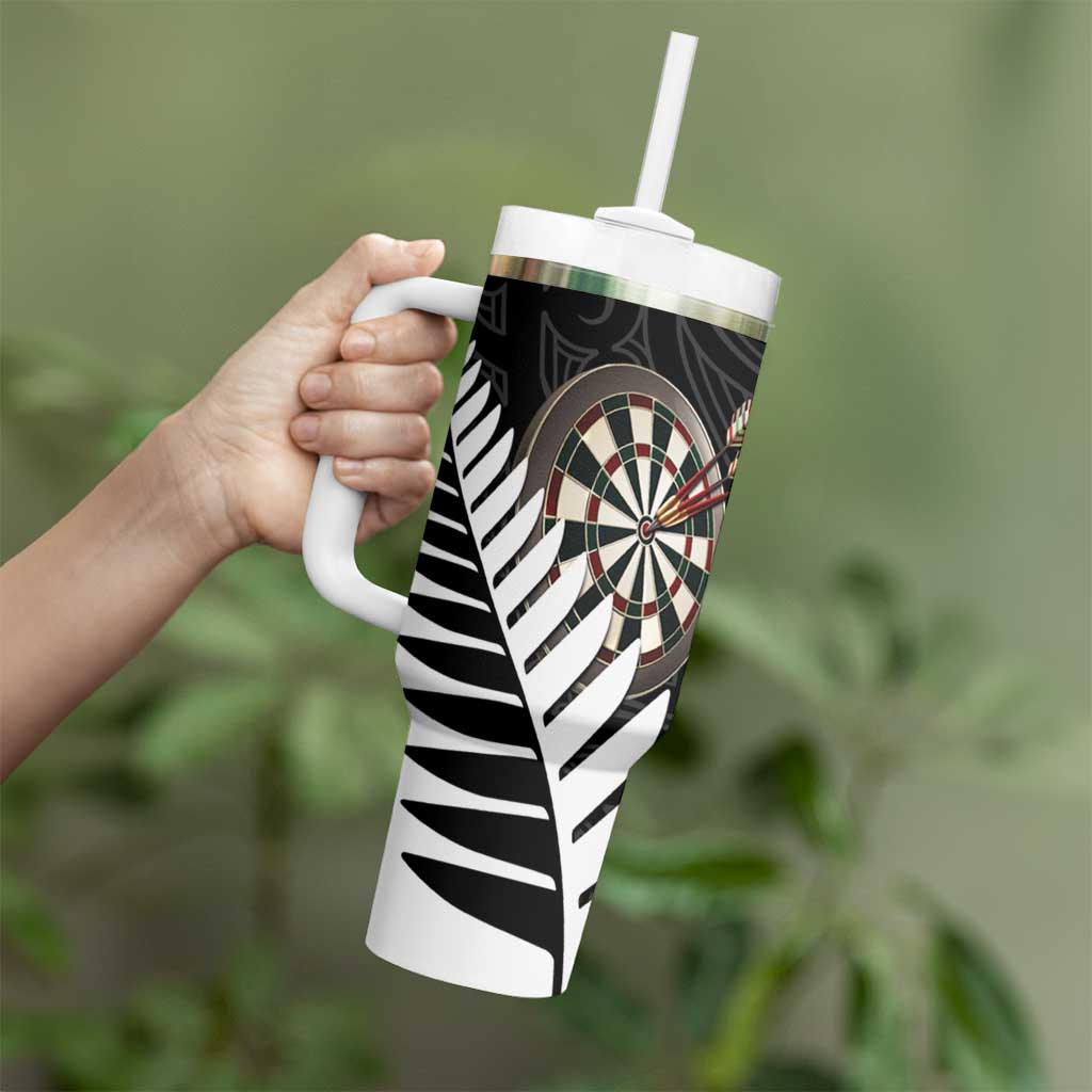 Personalised New Zealand Darts Tumbler With Handle Silver Fern Aotearoa Maori Pattern - Aussie Hoodie