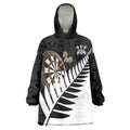 Personalised New Zealand Darts Wearable Blanket Hoodie Silver Fern Aotearoa Maori Pattern - Aussie Hoodie