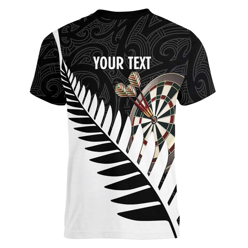 Personalised New Zealand Darts Women V-Neck T-Shirt Silver Fern Aotearoa Maori Pattern - Aussie Hoodie