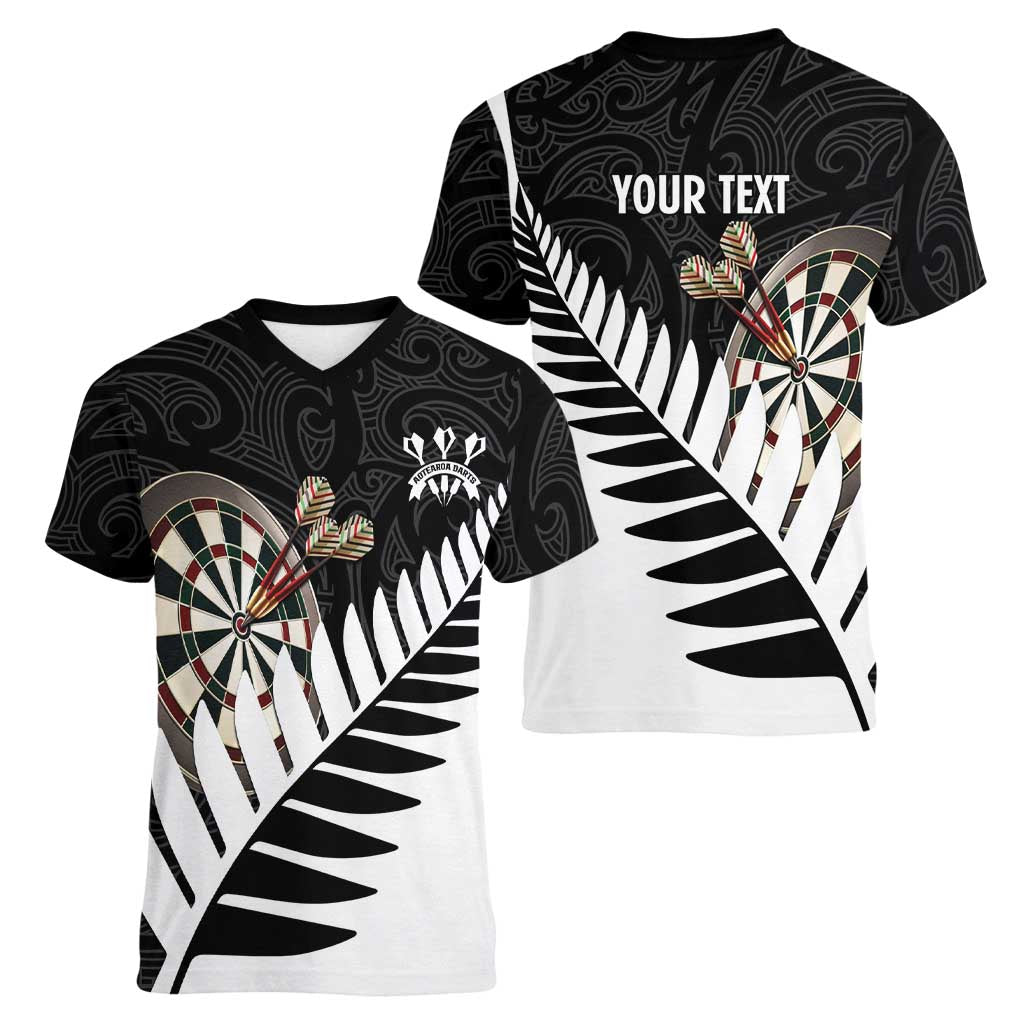 Personalised New Zealand Darts Women V-Neck T-Shirt Silver Fern Aotearoa Maori Pattern - Aussie Hoodie