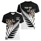 Personalised New Zealand Darts Women V-Neck T-Shirt Silver Fern Aotearoa Maori Pattern - Aussie Hoodie