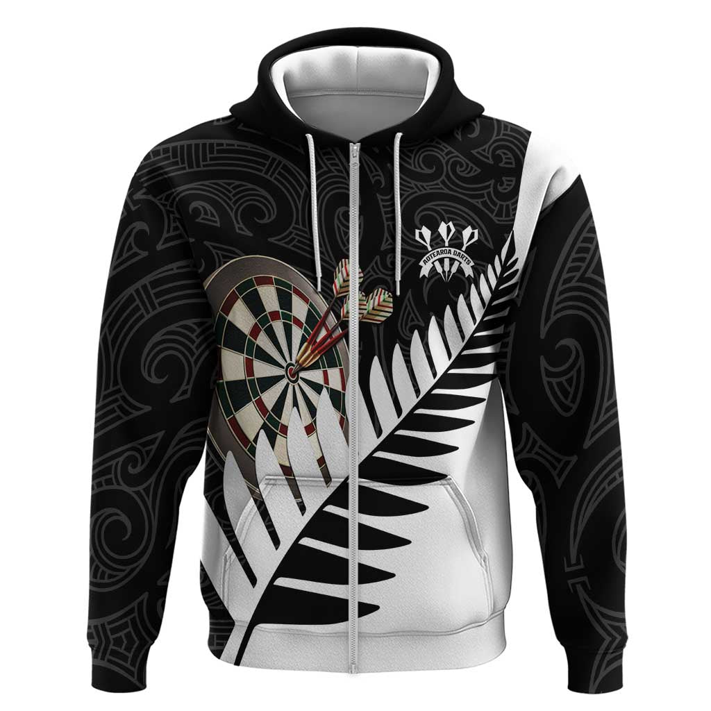 Personalised New Zealand Darts Zip Hoodie Silver Fern Aotearoa Maori Pattern - Aussie Hoodie