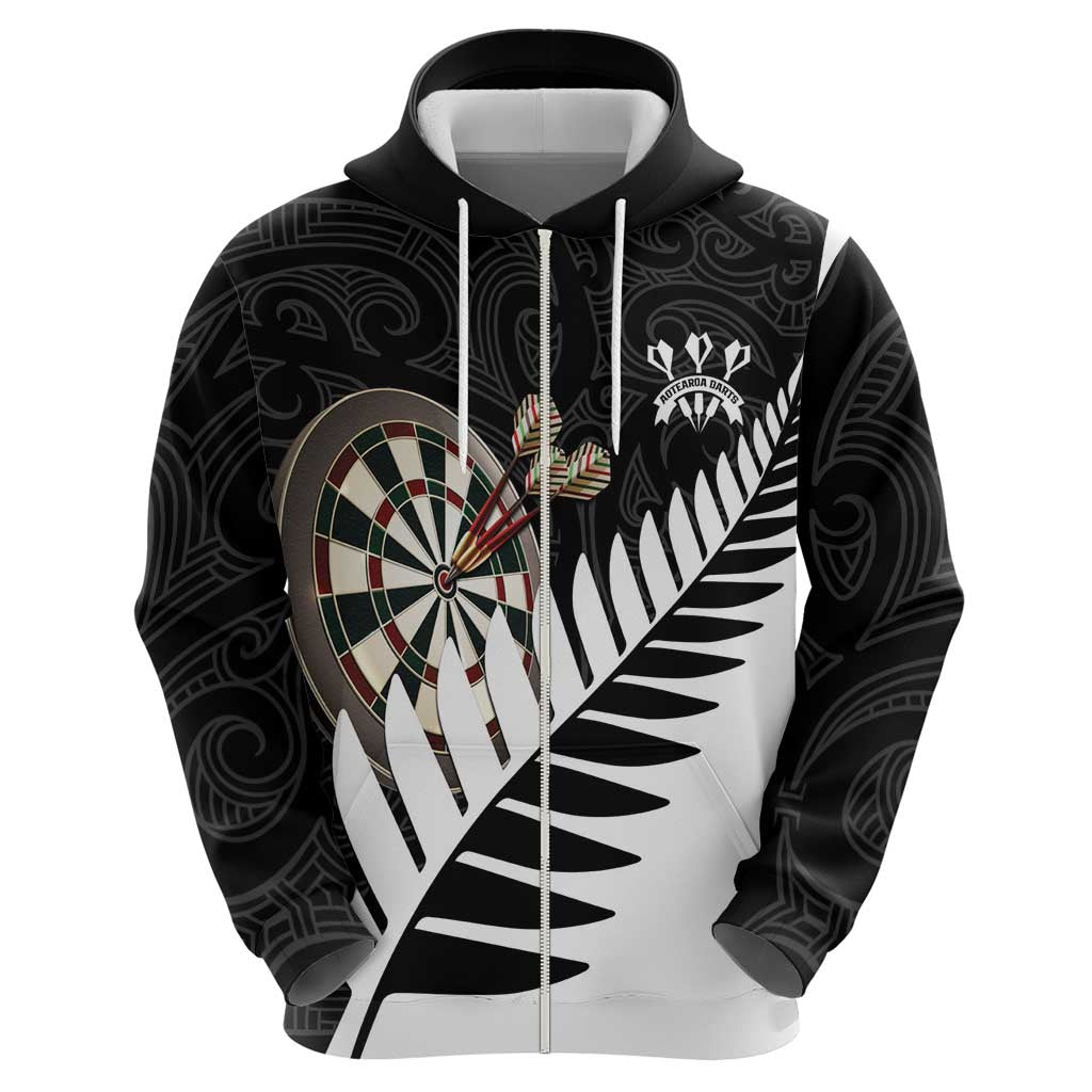 Personalised New Zealand Darts Zip Hoodie Silver Fern Aotearoa Maori Pattern - Aussie Hoodie