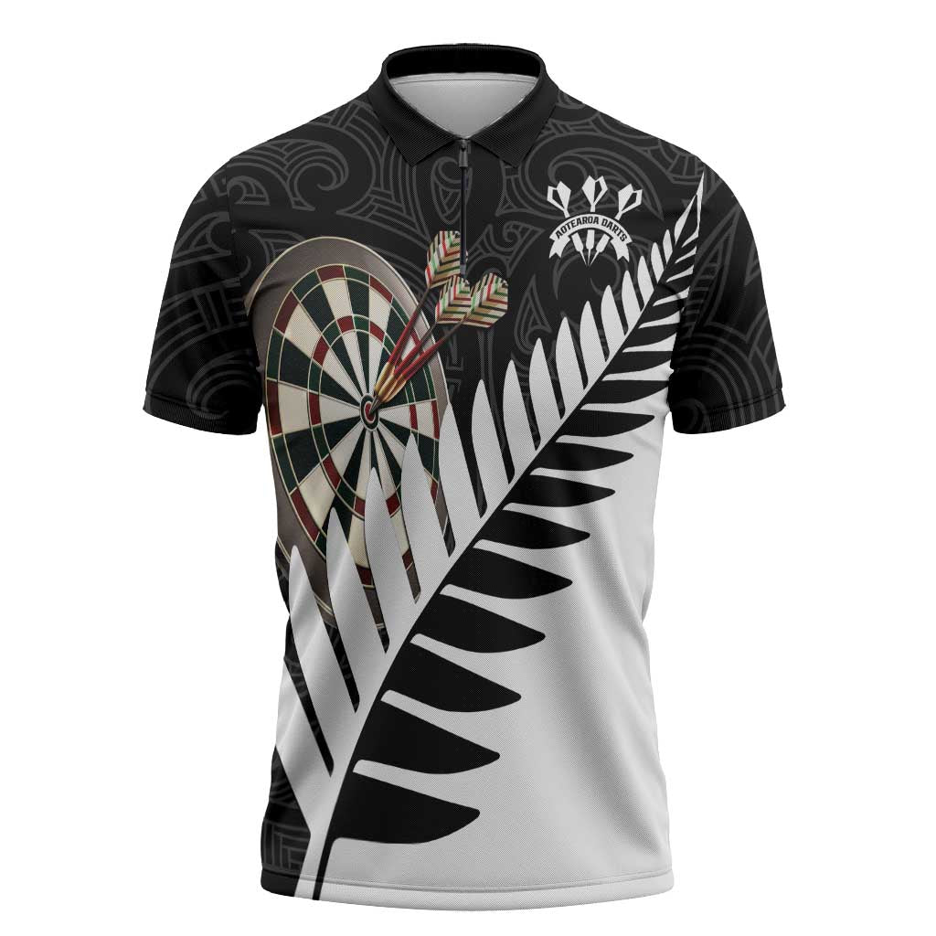 Personalised New Zealand Darts Zipper Polo Shirt Silver Fern Aotearoa Maori Pattern - Aussie Hoodie