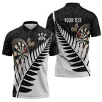 Personalised New Zealand Darts Zipper Polo Shirt Silver Fern Aotearoa Maori Pattern - Aussie Hoodie