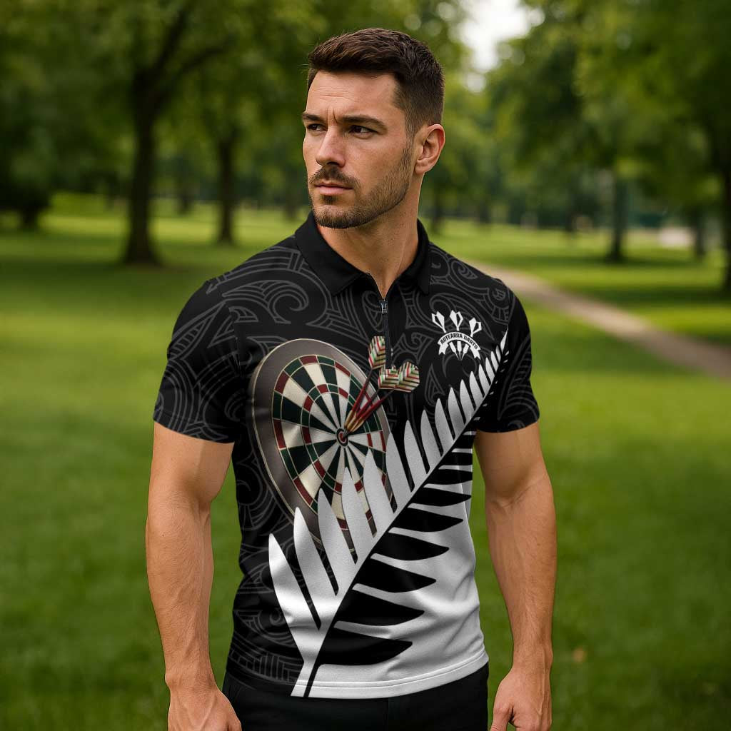 Personalised New Zealand Darts Zipper Polo Shirt Silver Fern Aotearoa Maori Pattern - Aussie Hoodie