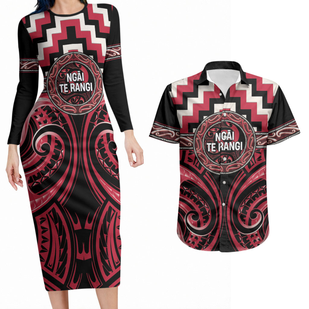 Aotearoa Ngai Te Rangi Personalised Couples Matching Long Sleeve Bodycon Dress and Hawaiian Shirt Maori Iwi Poutama Puhoro Tattoo