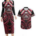 Aotearoa Ngai Te Rangi Personalised Couples Matching Long Sleeve Bodycon Dress and Hawaiian Shirt Maori Iwi Poutama Puhoro Tattoo