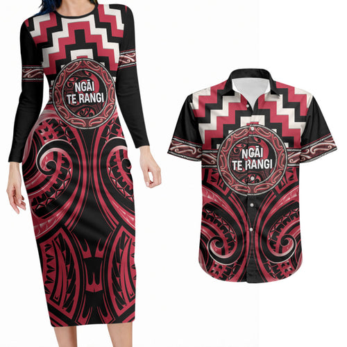 Aotearoa Ngai Te Rangi Personalised Couples Matching Long Sleeve Bodycon Dress and Hawaiian Shirt Maori Iwi Poutama Puhoro Tattoo