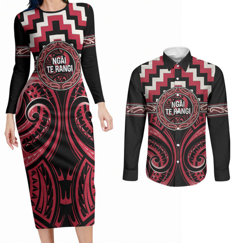 Aotearoa Ngai Te Rangi Personalised Couples Matching Long Sleeve Bodycon Dress and Long Sleeve Button Shirt Maori Iwi Poutama Puhoro Tattoo