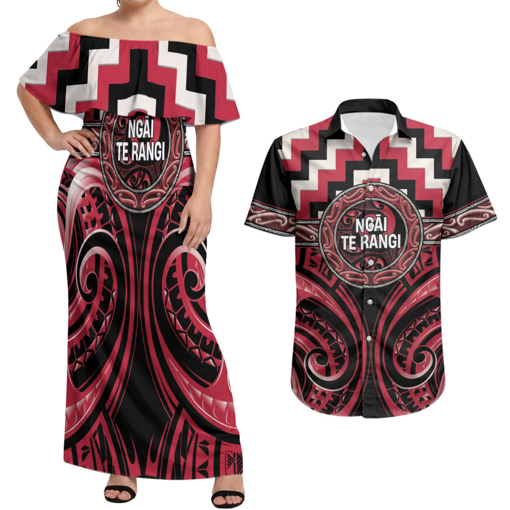 Aotearoa Ngai Te Rangi Personalised Couples Matching Off Shoulder Maxi Dress and Hawaiian Shirt Maori Iwi Poutama Puhoro Tattoo