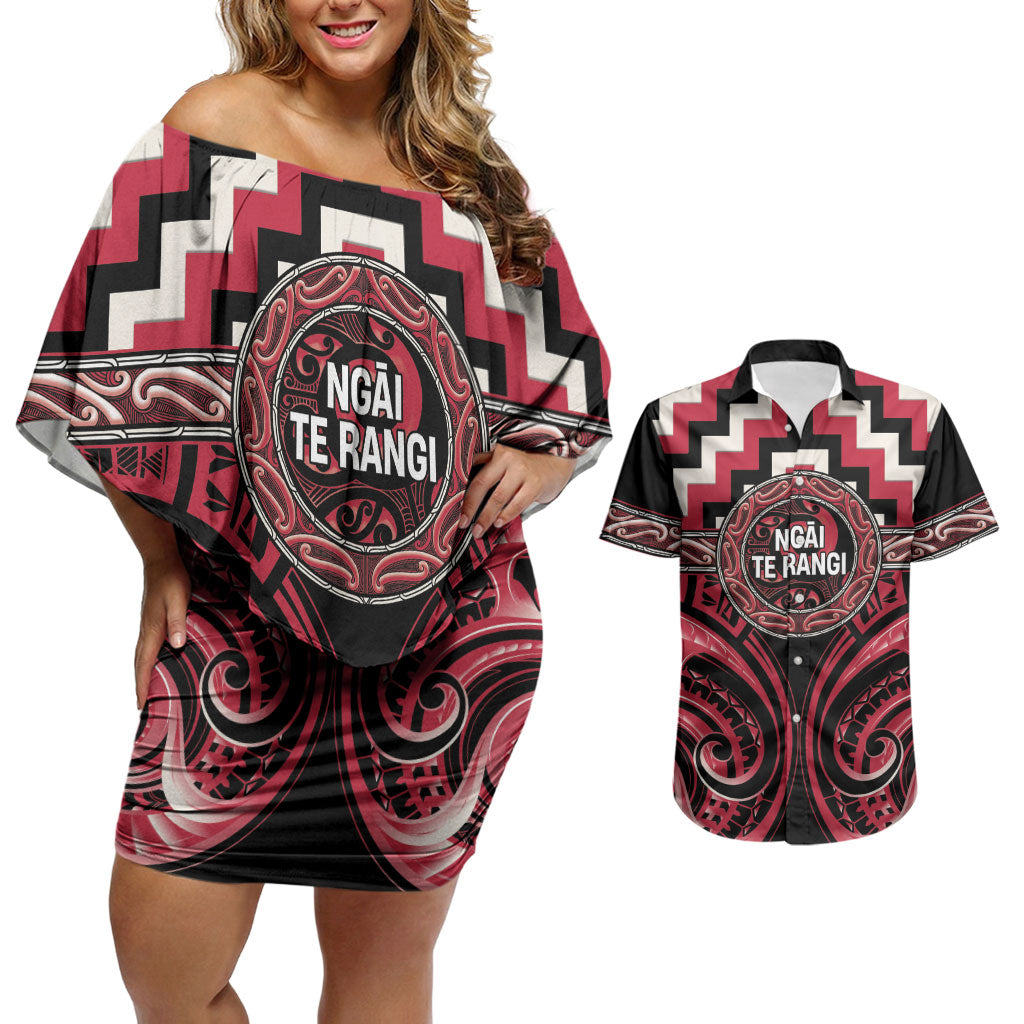 Aotearoa Ngai Te Rangi Personalised Couples Matching Off Shoulder Short Dress and Hawaiian Shirt Maori Iwi Poutama Puhoro Tattoo