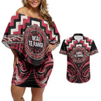 Aotearoa Ngai Te Rangi Personalised Couples Matching Off Shoulder Short Dress and Hawaiian Shirt Maori Iwi Poutama Puhoro Tattoo